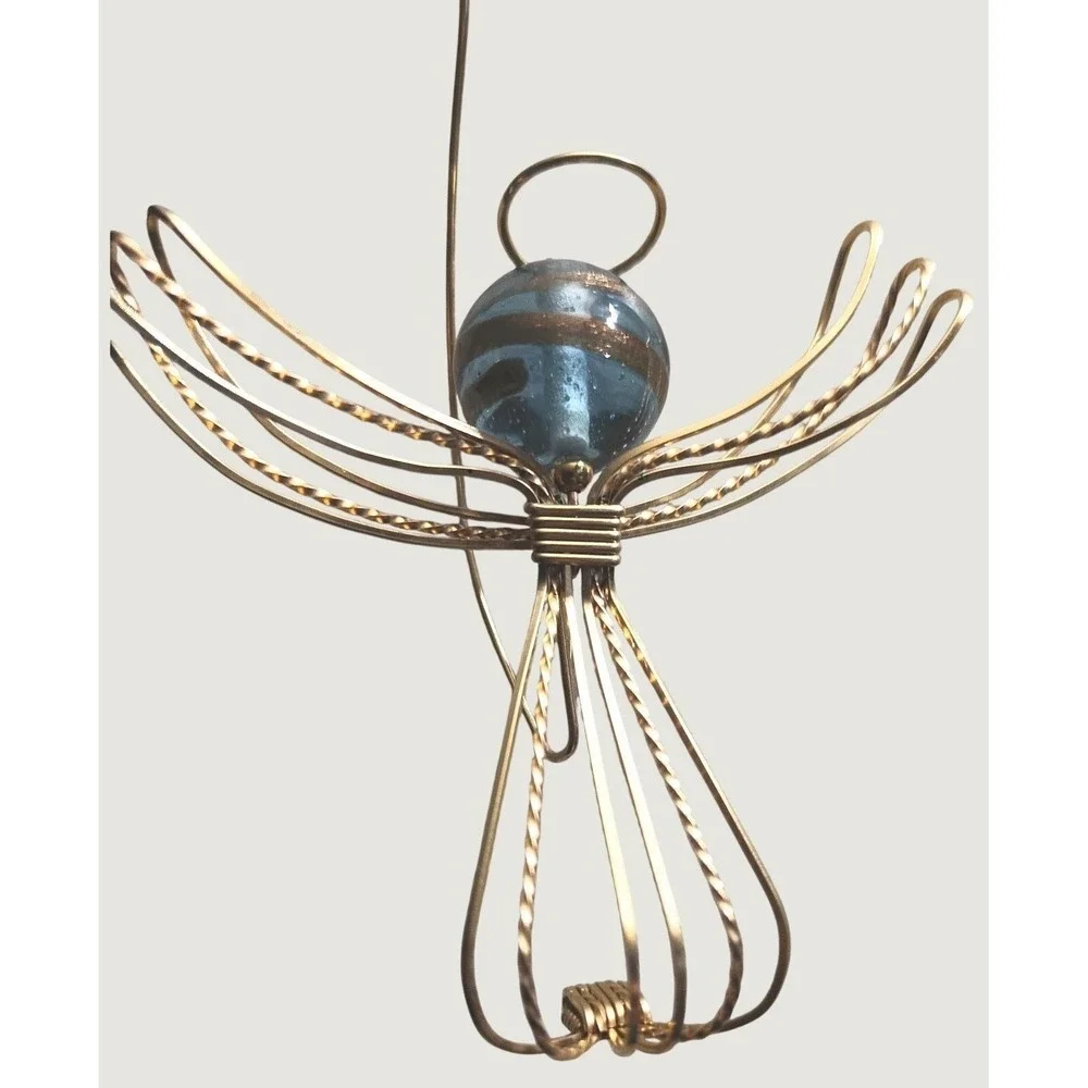 Handcrafted Wire Angel Ornament Blue Gold Glass Bead Head Vintage Christmas Tree
